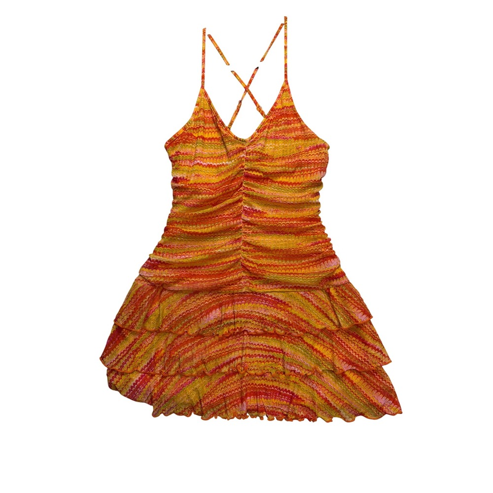 Wild Fable Mini Dress Womens Medium Orange Pink Ruched Tiered Ruffle Boho Summer